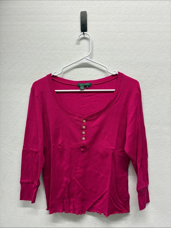 Lauren Ralph Lauren Tops - Lauren Ralph Lauren Hot Pink Ribbed Henley Top Lettuce Edge Button Scoop Neck